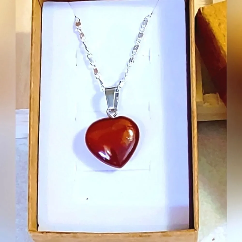 Natural carnelian stone HEART PENDANT SILVER PLATED CHAIN NECKLACE - Picture 7 of 8